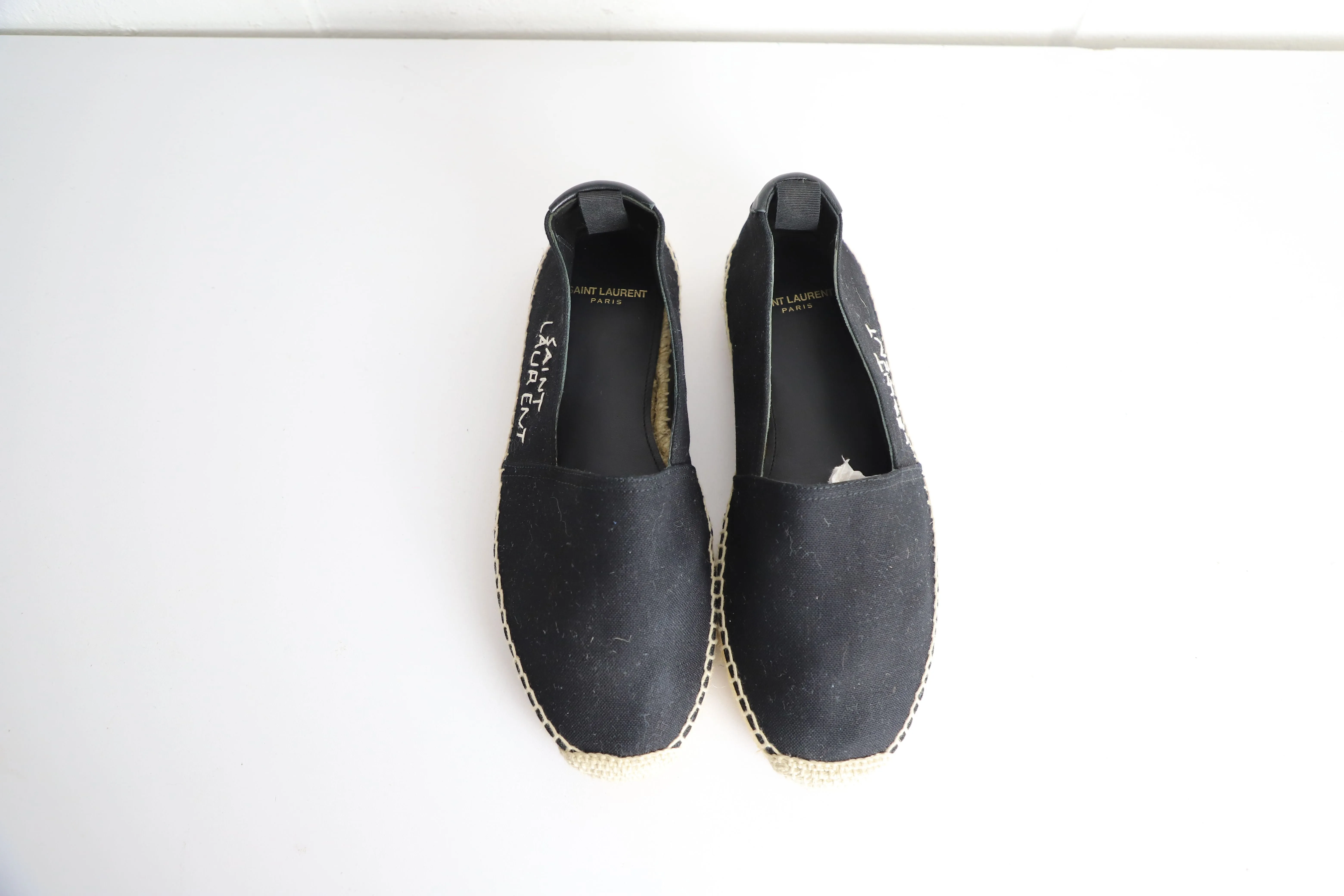 Saint Laurent Logo Embroidered Espadrille Flats in Black Canvas