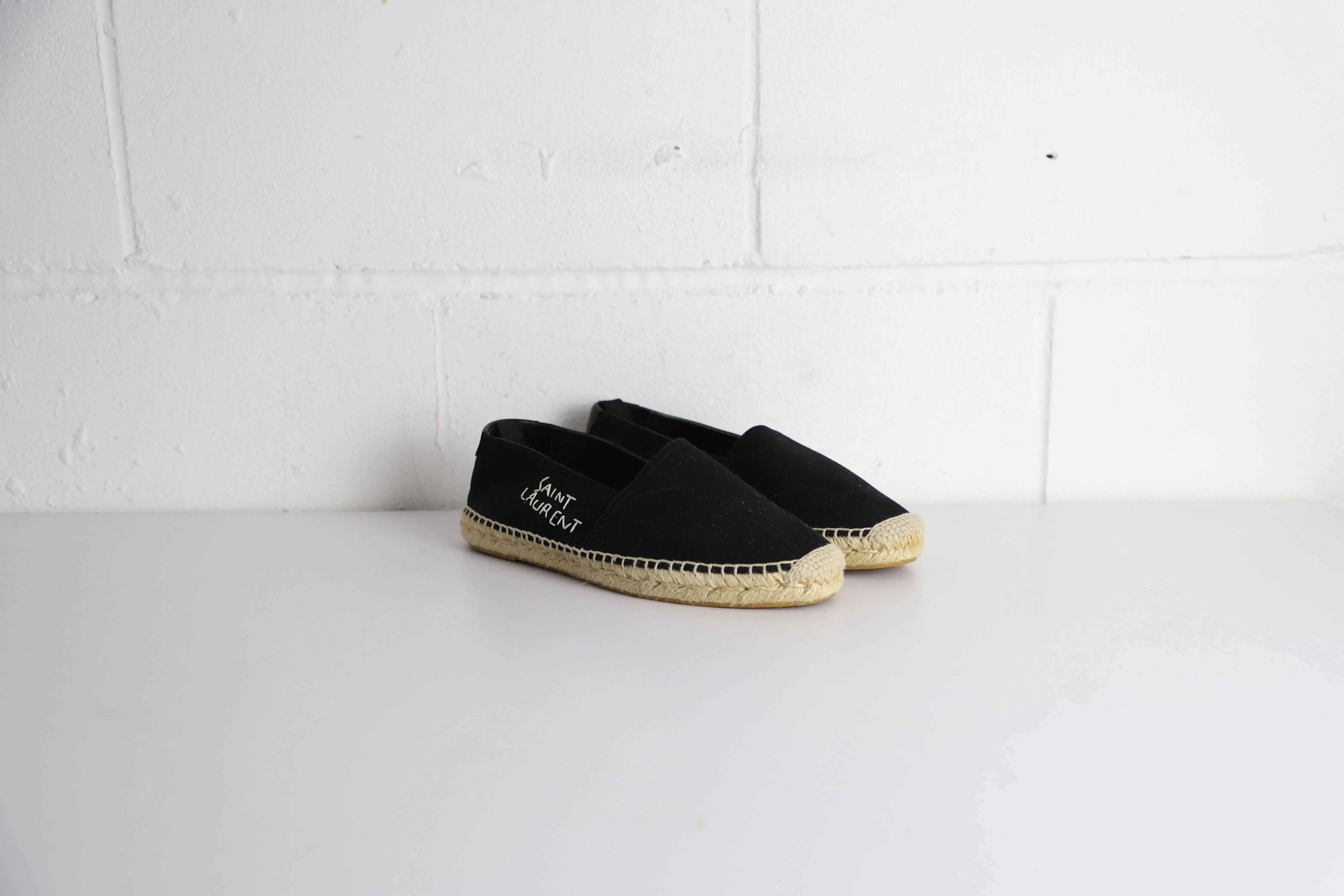Saint Laurent Logo Embroidered Espadrille Flats in Black Canvas