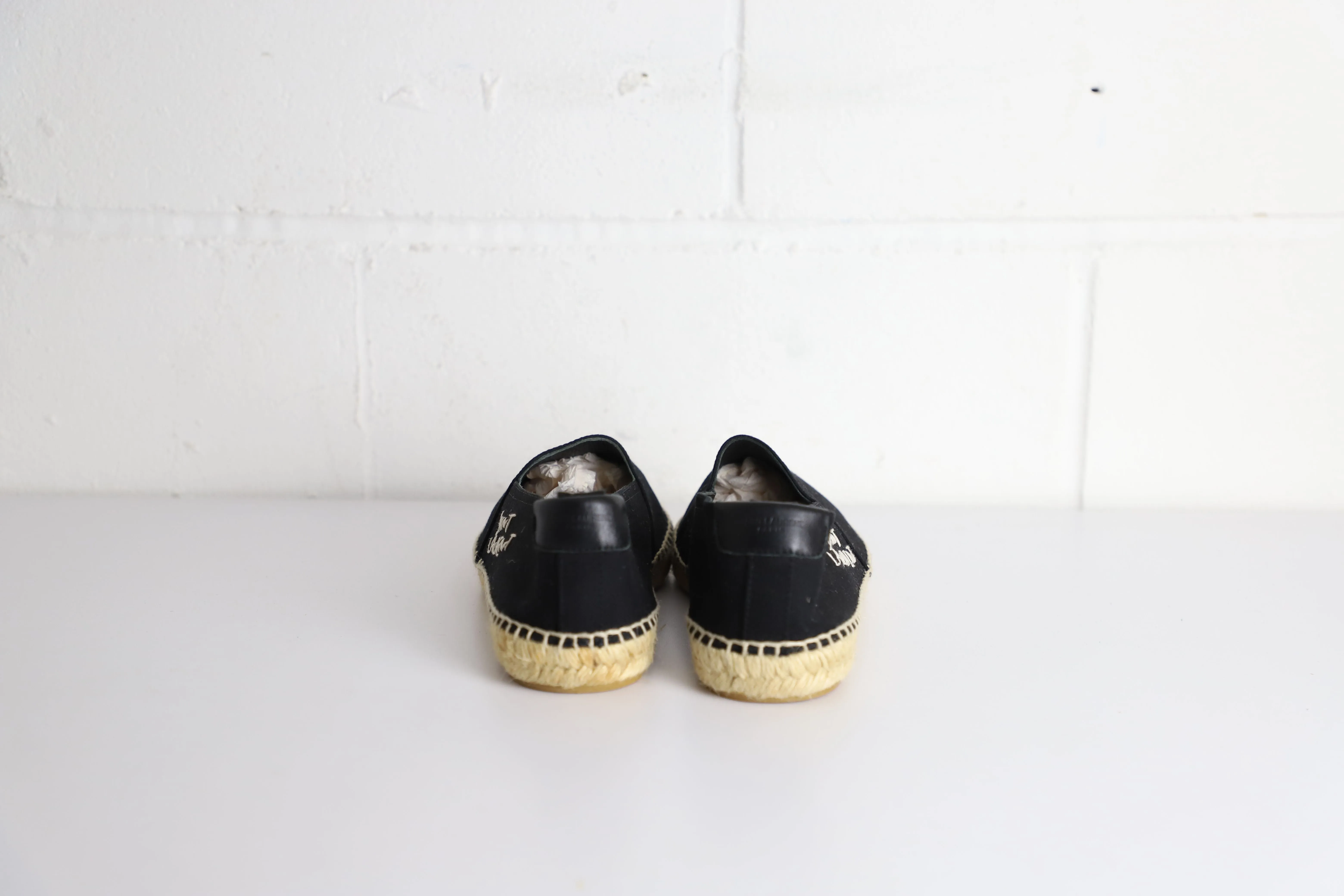 Saint Laurent Logo Embroidered Espadrille Flats in Black Canvas