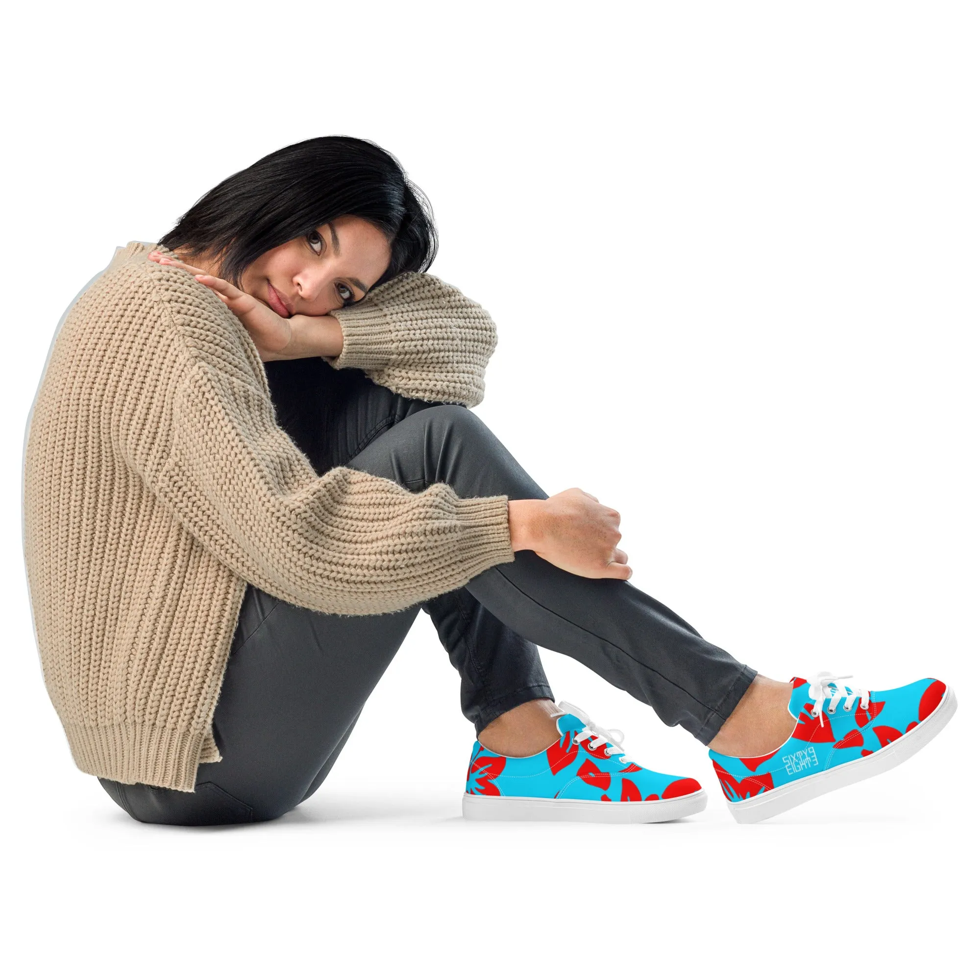 Sixty Eight 93 Logo White Hibiscus Red & Aqua Blue Women’s Low Top Shoes