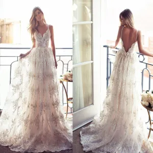 Spaghetti Straps Low Back Wedding Dress, Appliques Lace Bridal Gown
