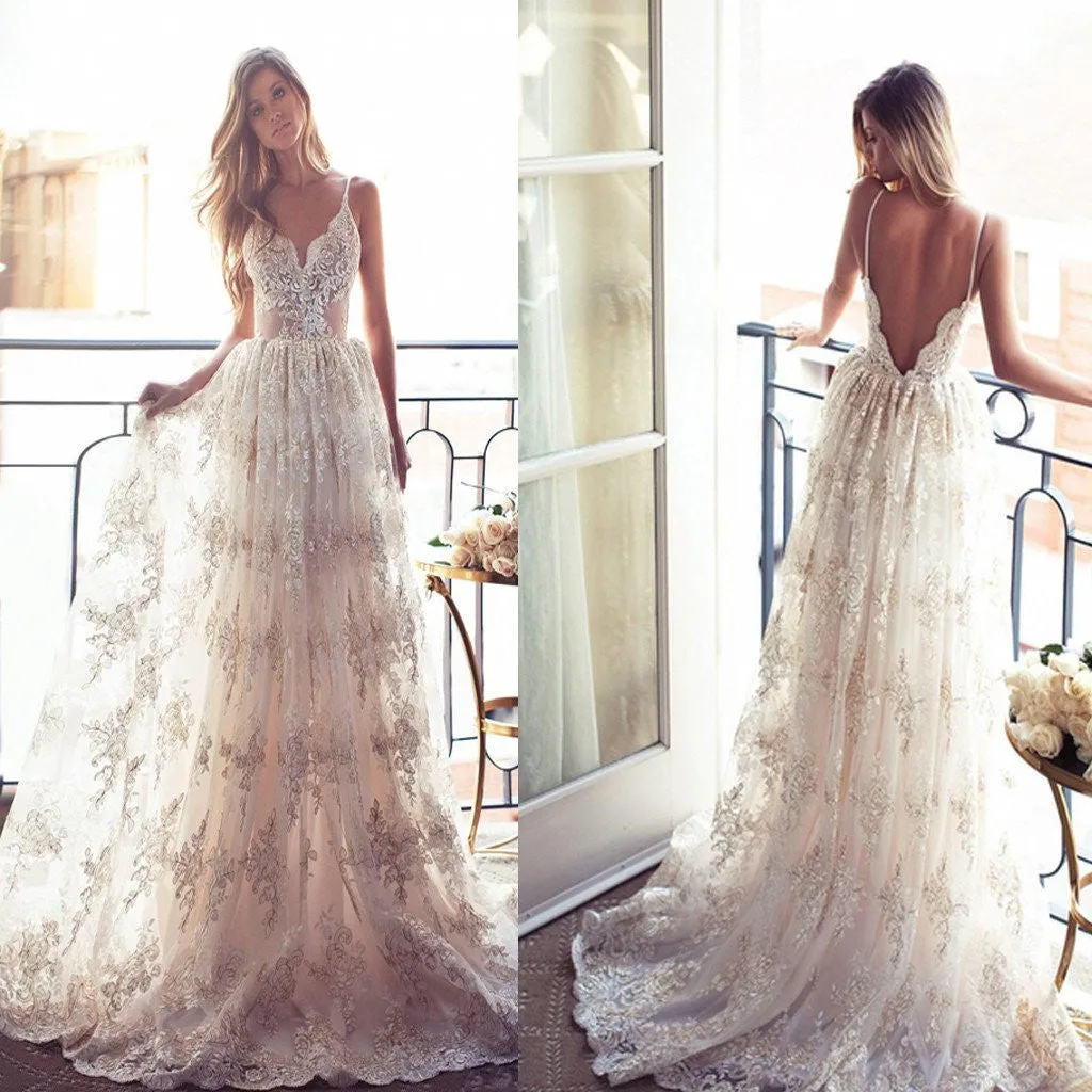 Spaghetti Straps Low Back Wedding Dress, Appliques Lace Bridal Gown
