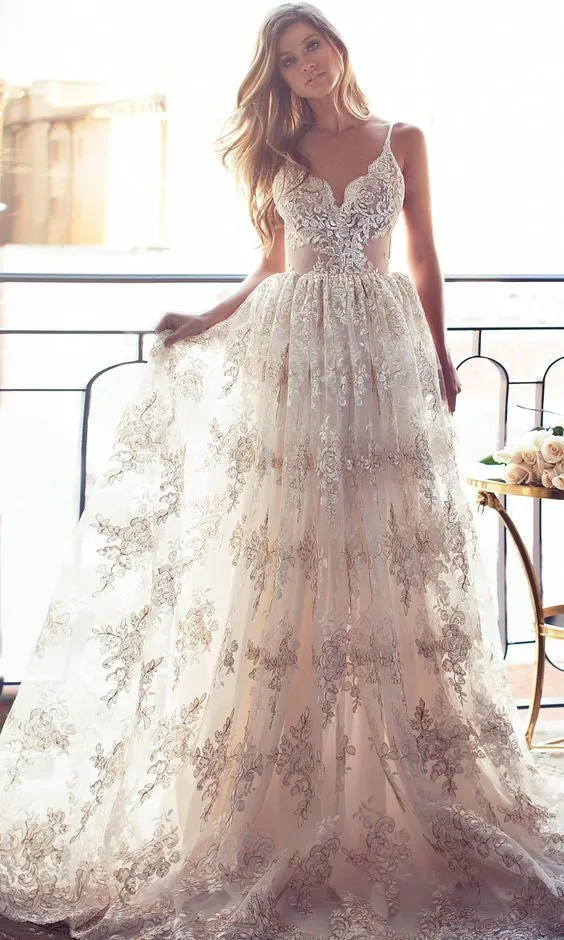 Spaghetti Straps Low Back Wedding Dress, Appliques Lace Bridal Gown
