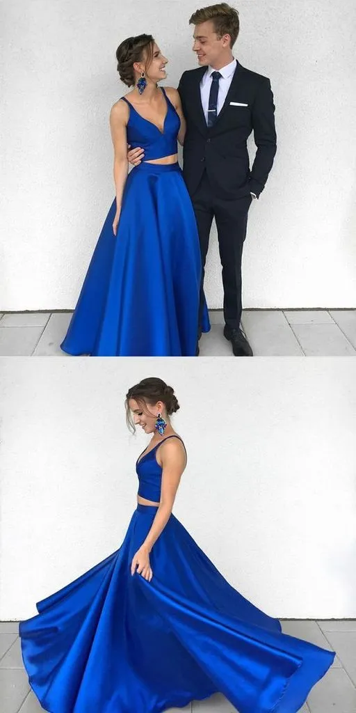 Two Pieces Royal Blue Prom Dresses Stain V Neck Floor Length Evening Dresses