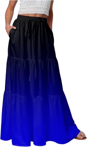 Women's Gradient Flowy Maxi Skirt Summer Pleated High Waisted Casual A-line Beach Vacation Long Skirts