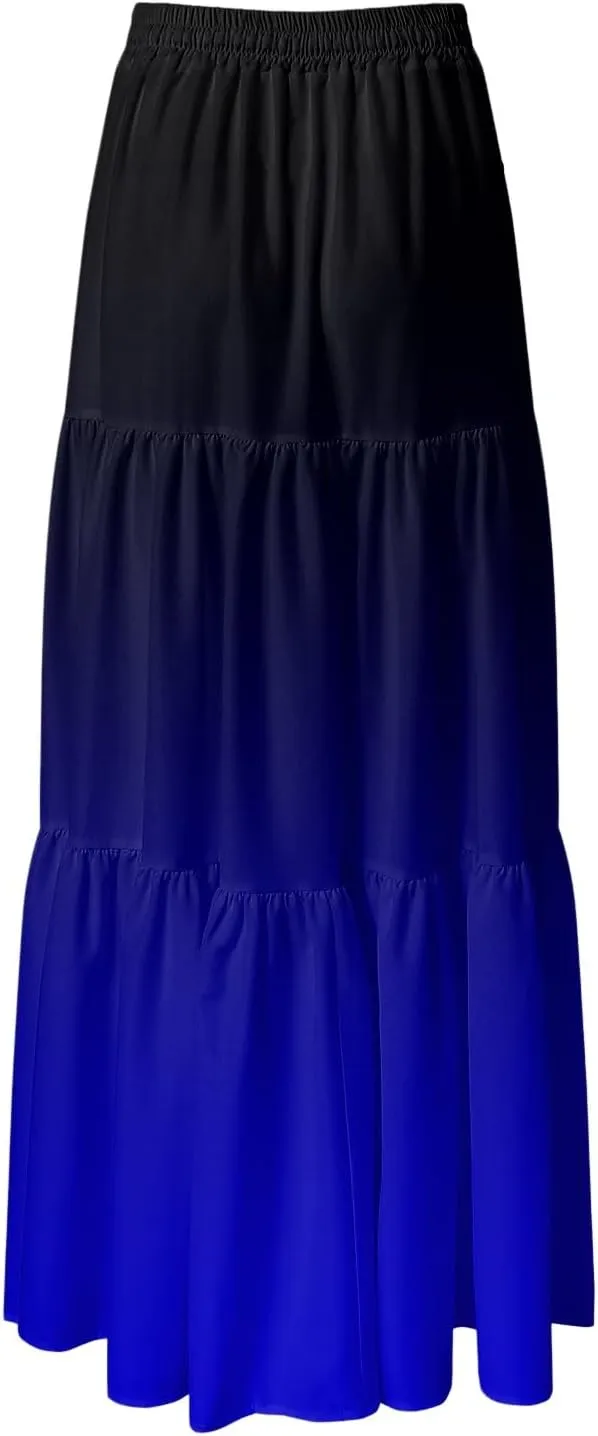 Women's Gradient Flowy Maxi Skirt Summer Pleated High Waisted Casual A-line Beach Vacation Long Skirts