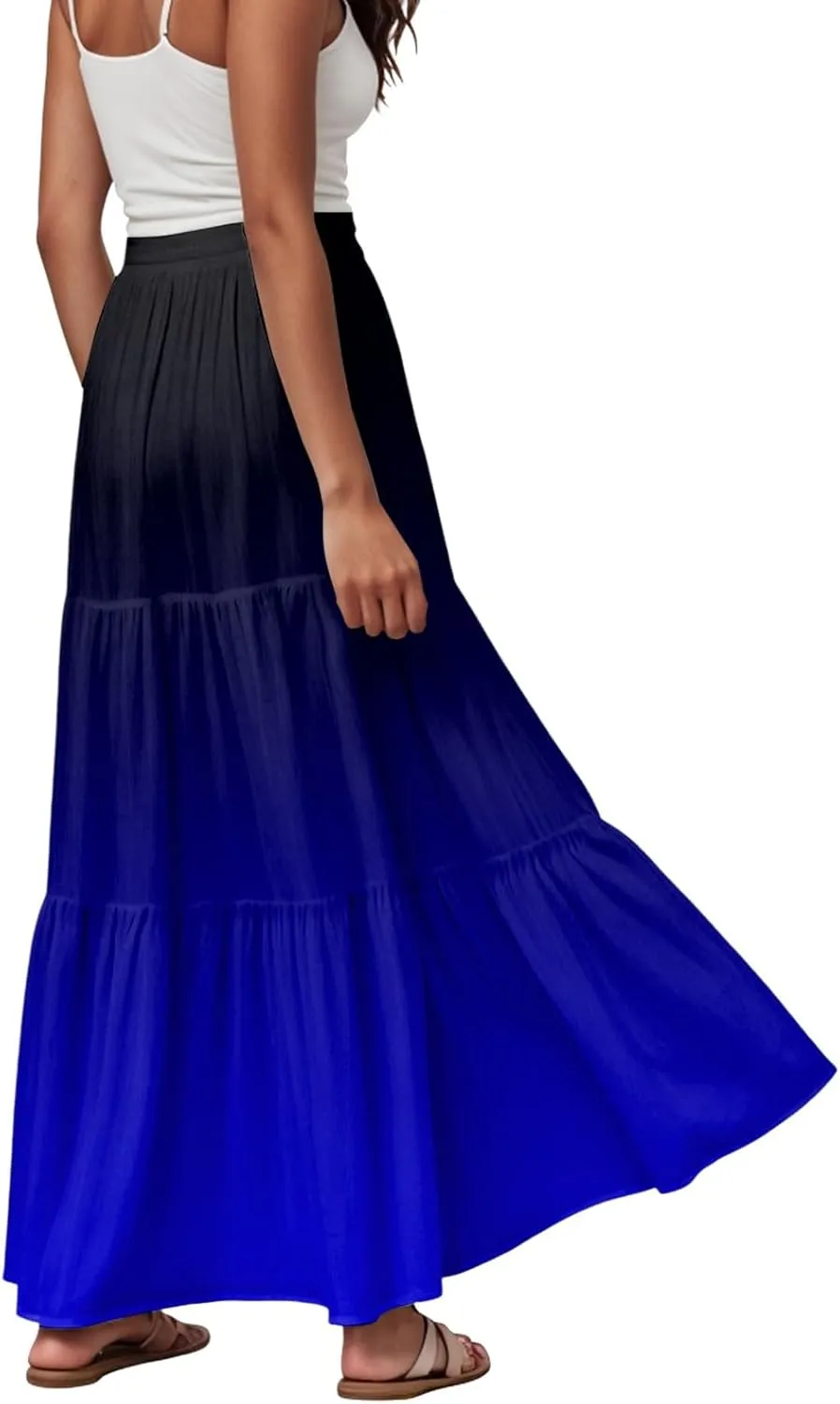Women's Gradient Flowy Maxi Skirt Summer Pleated High Waisted Casual A-line Beach Vacation Long Skirts
