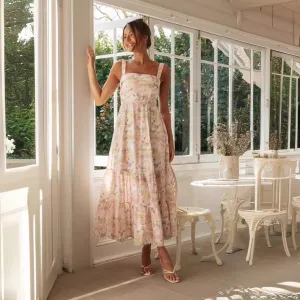 Women’s Sleeveless Square Neck Floral Maxi Dress with Open Back